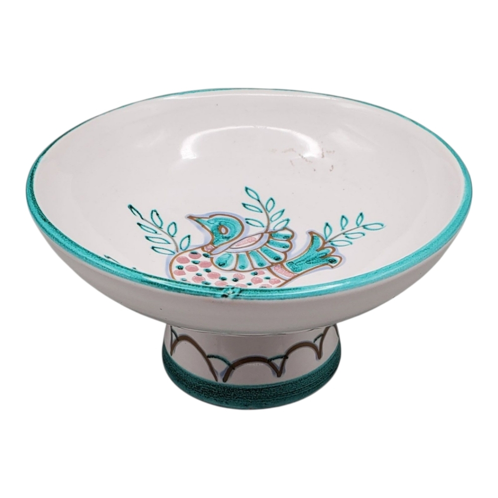 Italian Hand Painted Bird Pottery Compote Bowl